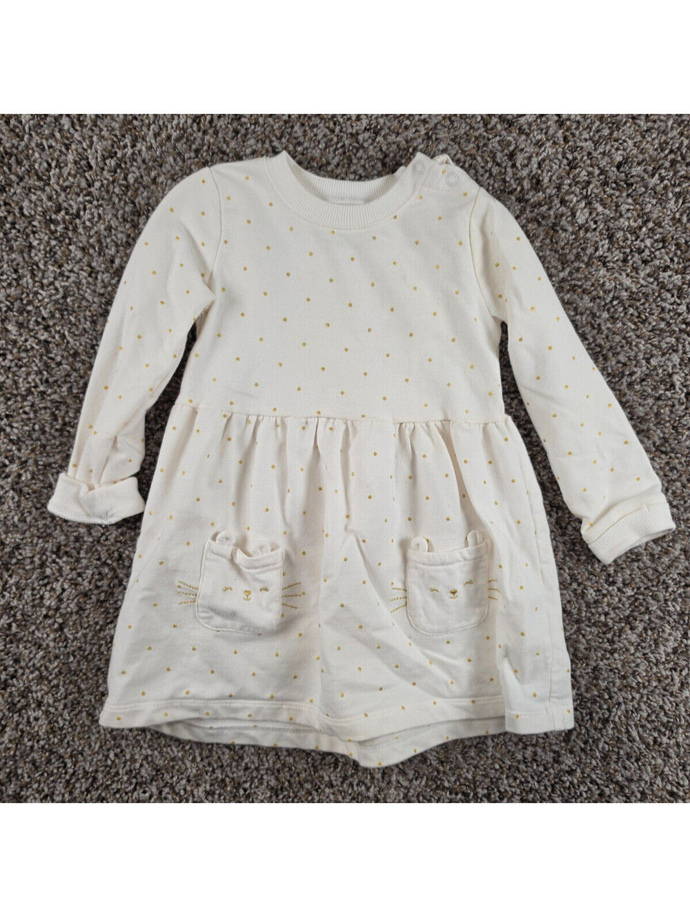 Toddler Girls Sz 24M Long Sleeve Sweater Dress White Gold Cat Embroidered